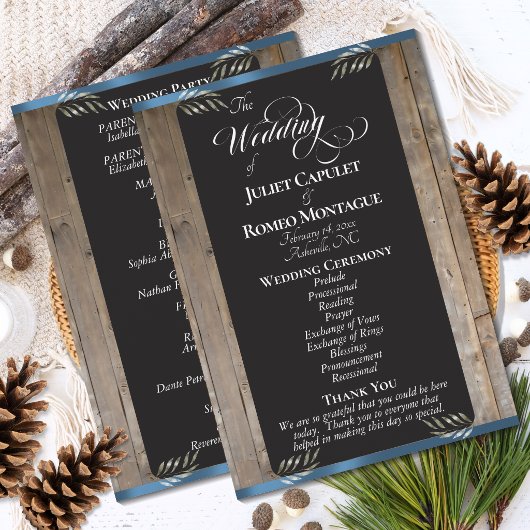 Kreidetafel auf Holz - Blaue Hochzeit Programm