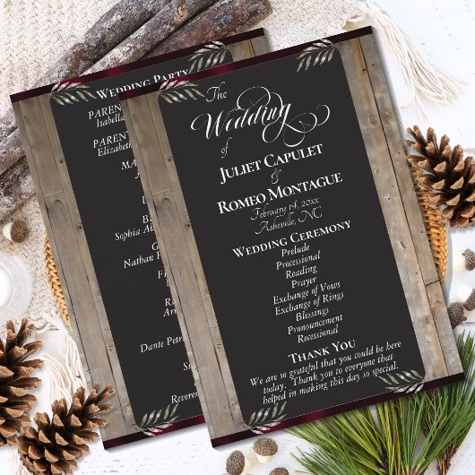 Kreidetafel auf Holz - Burgunder Hochzeit Programm