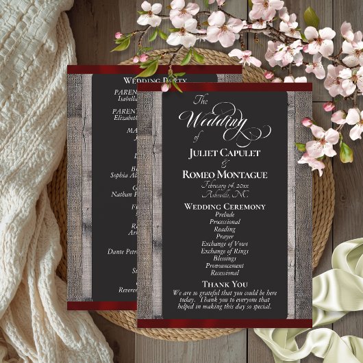 Kreidetafel auf Holz & Burgunderband - Hochzeit Programm