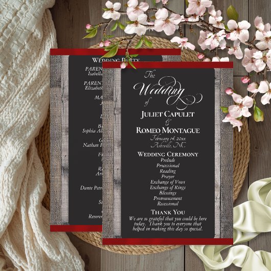 Kreidetafel auf Holz & rotes Band - Hochzeit Programm