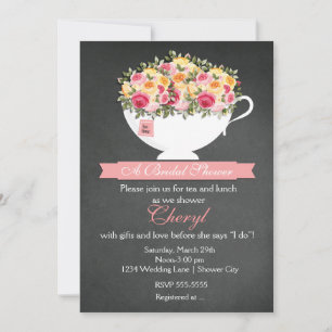 Kreidetafel-Blumen-Teetasse-Brautabschiedseinladun Einladung