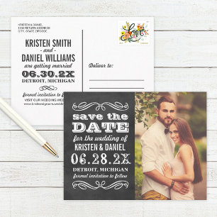 Kreidetafel-Fettschrift Foto Save-the-Date Ankündigungspostkarte