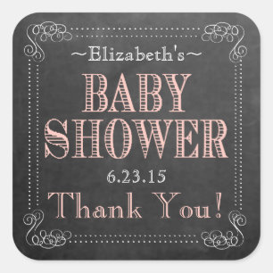 Kreidetafel-Look Pfirsich-Typografie Baby Shower F Quadratischer Aufkleber