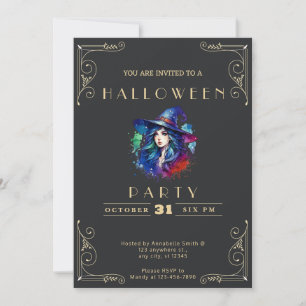 Kreidetafel Schwarz & Gold Hexe Regenbogen Hallowe Einladung