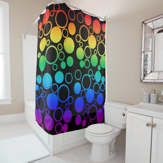 Kreise, Blasen, Regenbogenfarben, schwarzer Hinter Duschvorhang (Beispiel)