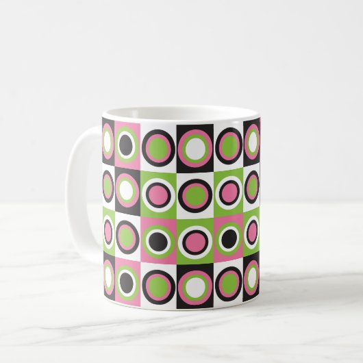 Kreise Retro Muster Pink Schwarz Weiß Kaffeetasse (Vorderseite Links)