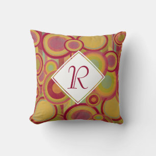 Kreise & Streifen, Rot, Gelb & Grün Monogramm Kissen