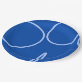 Kreise und Schleifen auf blauem Papier Pappteller (Schrägansicht)