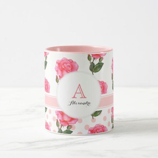 Kreislauf des rosa Roses Polka Dot Monogram Tasse (Zentrum)