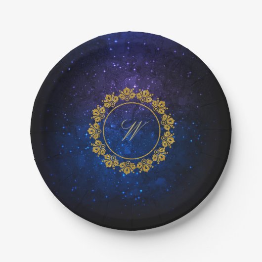 Kreismuster-Monogramm auf blauer Galaxie Pappteller (Vorderseite)