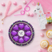 Kreisrunder lila Schmuck-Brosche mit Herz Pappteller (Party)