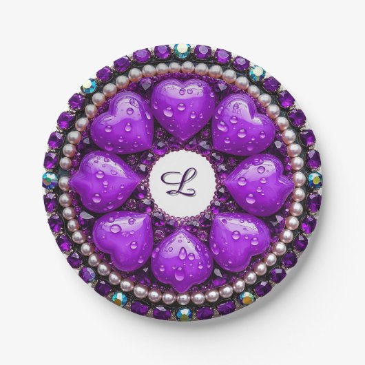 Kreisrunder lila Schmuck-Brosche mit Herz Pappteller (Vorderseite)