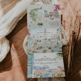 Kreta, Griechenland | Illustrierte Hochzeit Dreifach Gefaltete Einladung