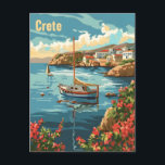 Kreta Griechenland Vintag Postkarte<br><div class="desc">Eine lebendige und nostalgische Darstellung Kretas, der größten griechischen Insel, die für ihre reiche Geschichte und die Vielfalt der Landschaften bekannt ist. Das Design vereint die atemberaubende Küste der Insel mit kristallklarem Wasser, schroffen Bergen und reizvollen Dörfern wie Chania und Rethymnon. Das Vintage Kunstwerk erinnert an die Schönheit und den...</div>