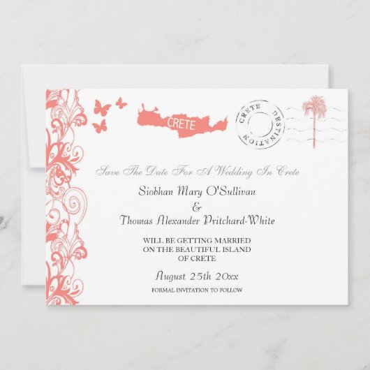 Kreta Save the Date in Korallenrosa und Weiß Einladung (Vorderseite)