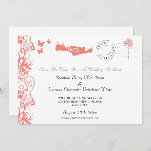 Kreta Save the Date in Korallenrosa und Weiß Einladung (Vorne/Hinten)