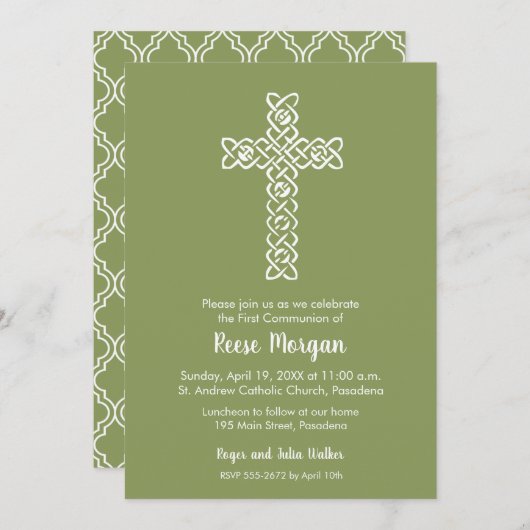 Kreuz auf Moss Green Christening, Taufe lädt ein (Vorne/Hinten)