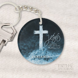 Kreuz auf Wasser Dunkelblaue Schrift Personalisier Schlüsselanhänger