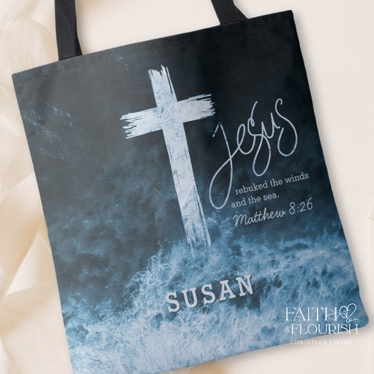 Kreuz auf Wasser Dunkelblaue Schrift Personalisier Tasche