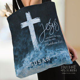 Kreuz auf Wasser Dunkelblaue Schrift Personalisier Tasche