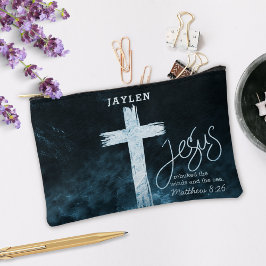 Kreuz auf Wasser Dunkelblaue Schrift Personalisier Zubehörtasche