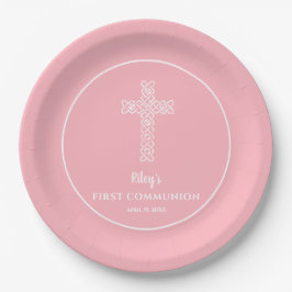 Kreuz | Baby Pink Communion Taufe Christening Pappteller
