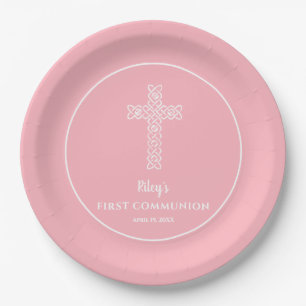 Kreuz   Baby Pink Communion Taufe Christening Pappteller