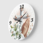 Kreuz, Gebet-Hände und Lilien Große Wanduhr (Winkel)