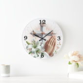 Kreuz, Gebet-Hände und Lilien Große Wanduhr (Zuhause)