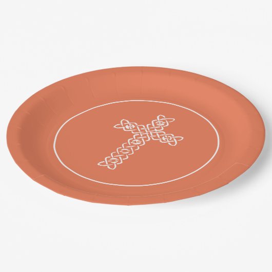 Kreuz | Helle Pfirsichkommunion Taufe Christening Pappteller (Schrägansicht)