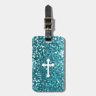 Kreuz im Weiß auf Aqua-Glitzerblick Gepäckanhänger