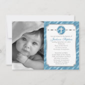Kreuz in Circle Blue Boy Foto Taufe Einladung (Vorderseite)