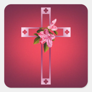 Kreuz mit Azalea Blume Ostern Quadratischer Aufkleber