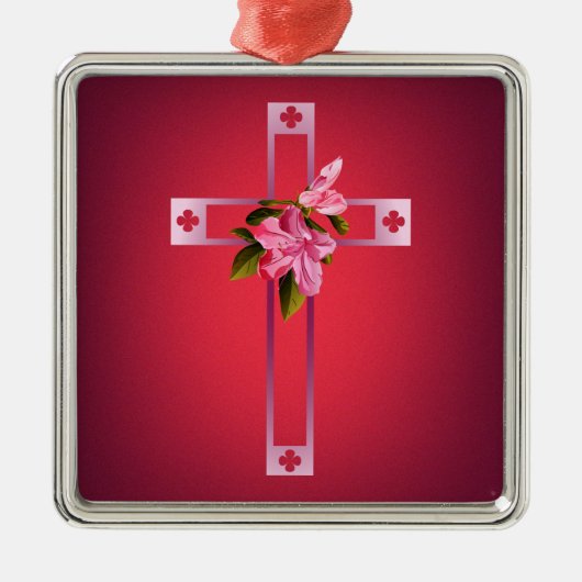 Kreuz mit Azalea Blume Ostern Silbernes Ornament (Vorne)