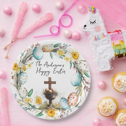 Kreuz mit dekorativen Eiern I Blumenoster Pappteller (Party)