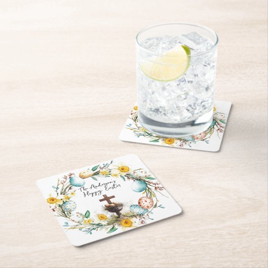 Kreuz mit dekorativen Eiern I Blumenoster Rechteckiger Pappuntersetzer (Vor Ort)