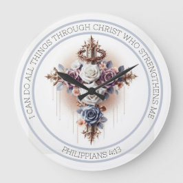 Kreuz mit Kronen von Thornen, Rose und Bibelversen Große Wanduhr
