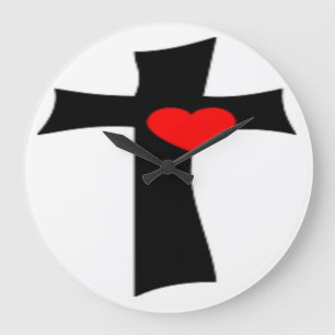 KREUZ MIT ROTEM HERZ GROßE WANDUHR