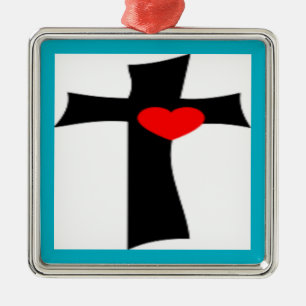 KREUZ MIT ROTEM HERZ ORNAMENT AUS METALL