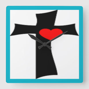 KREUZ MIT ROTEM HERZ QUADRATISCHE WANDUHR