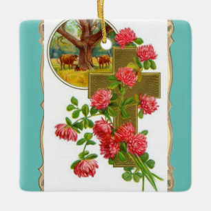 Kreuz mit roten Nelken Keramikornament