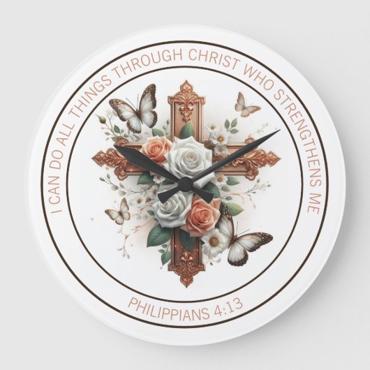 Kreuz, Rose, Schmetterlinge und Bibelversen Große Wanduhr (Vorderseite)