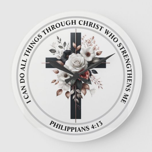 Kreuz, Rose und Bibelverse Große Wanduhr (Vorderseite)