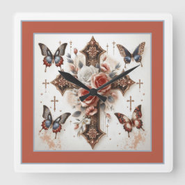 Kreuz, Rose und Schmetterlinge Quadratische Wanduhr
