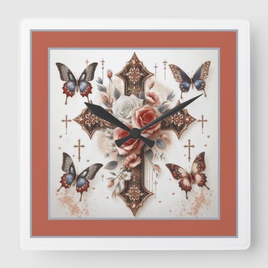 Kreuz, Rose und Schmetterlinge Quadratische Wanduhr (Vorderseite)