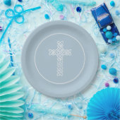Kreuz | Steel Blue Communion Taufe Christening Pappteller (Party)