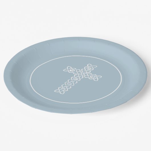 Kreuz | Steel Blue Communion Taufe Christening Pappteller (Schrägansicht)