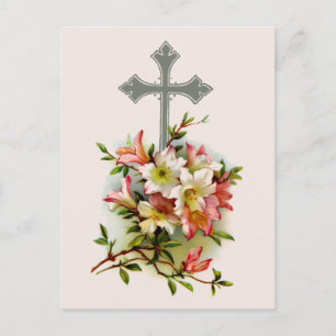 Kreuz und rosa Blumen Postkarte