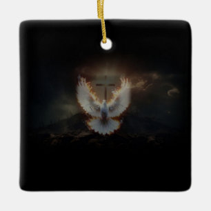 Kreuz- und Taubenschmuck Keramikornament