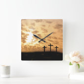 Kreuze und Sonnenuntergang "Er ist Riser" Ostermau Quadratische Wanduhr (Zuhause)